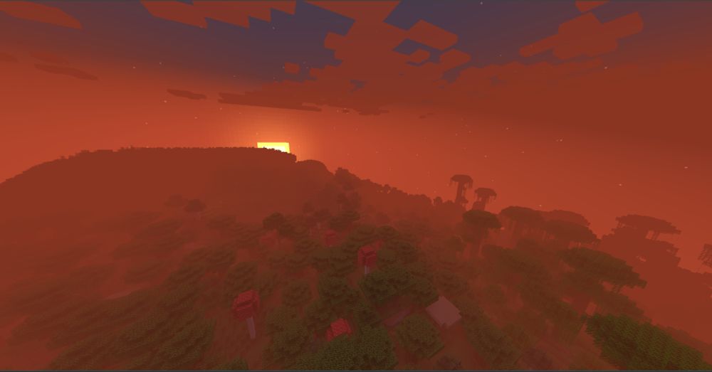 An image of the mod enabled, a dark oak forest below with the sun setting behind a large hill, the fog is deep orange and blends spectacularly with the sky.