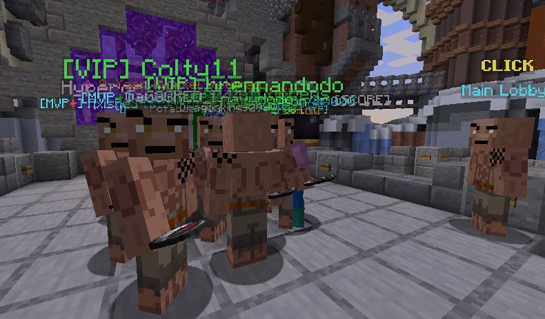 The hypixel hub with a swarm of players with the Dwayne Johnson skin.
