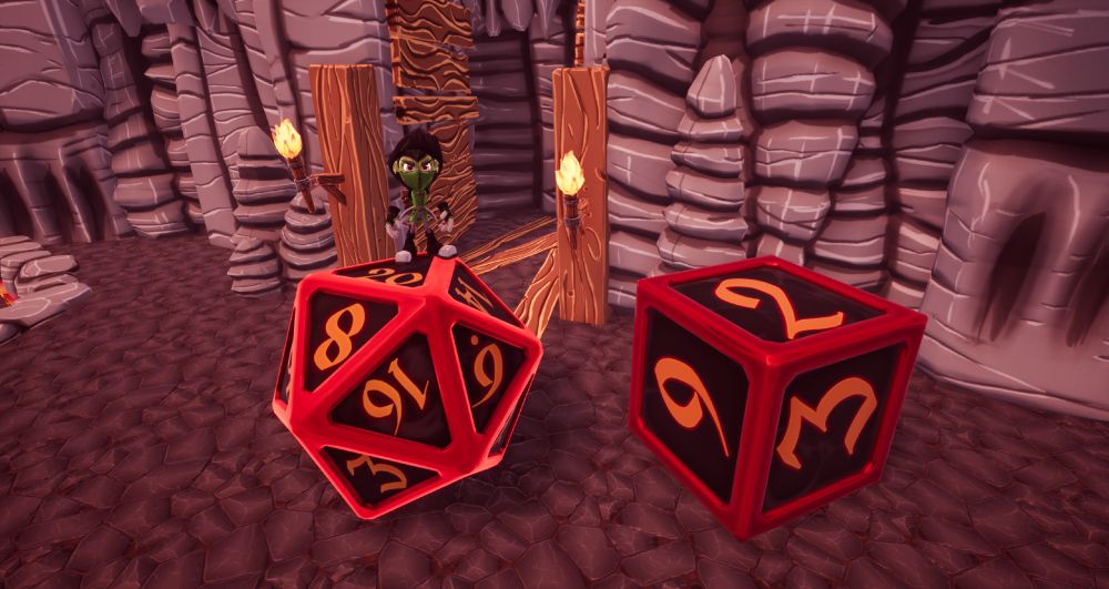 A screenshot of Rad Venture showing Rad standing on top of a giant 20-sided die next to a 6-sided die. He's inside some kind of mine or cave area. The D-20 has the "20" side up.