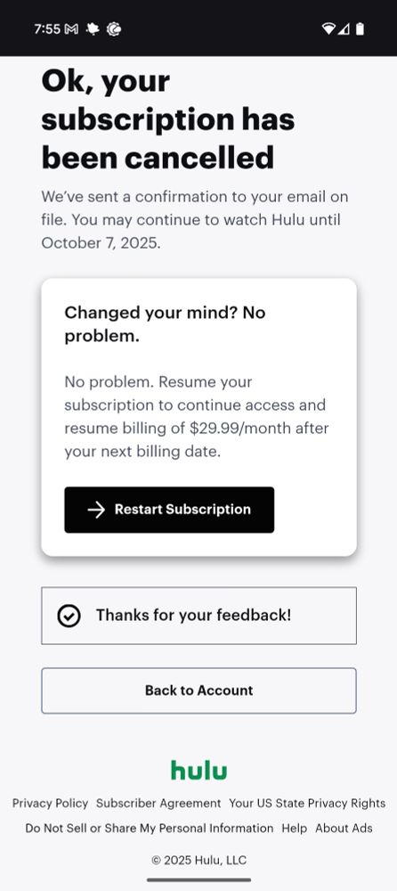 Hulu/Disney cancelled subscription screenshot