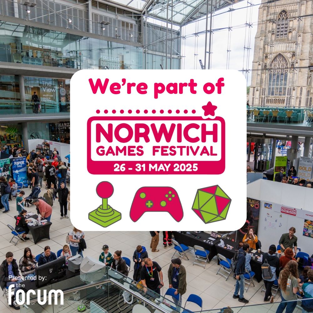 A graphic containing the Norwich Games Festival 2025 logo, placed over a photo of the busy venue from a previous event, featuring various demo tables and individuals playing games.