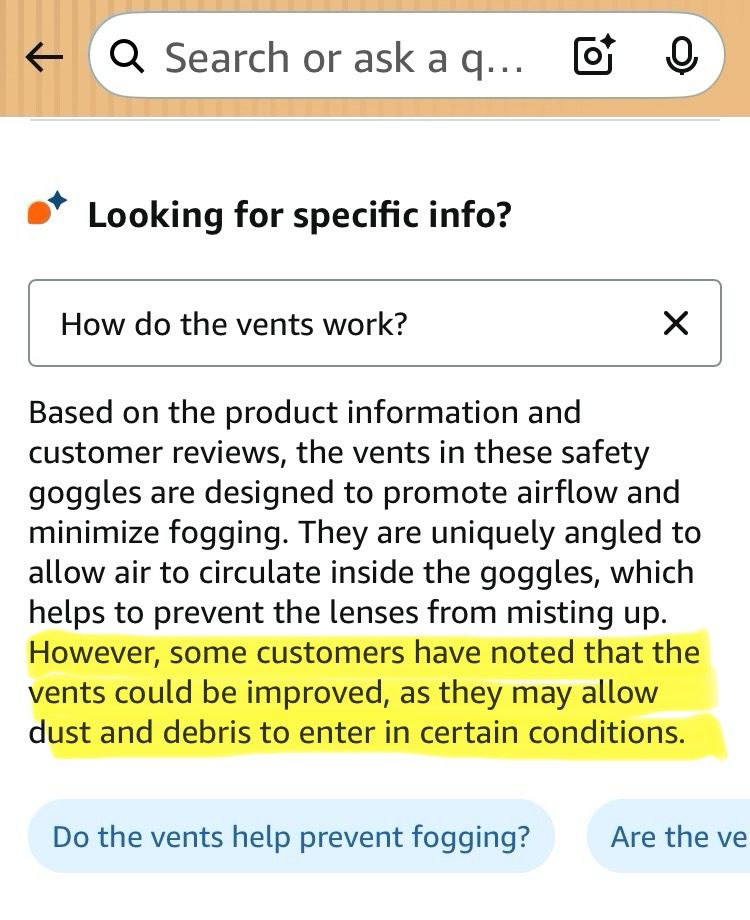 Screenshot of review stating “however, some customers have noted that the vents could be improved, as they may allow dust and debris to enter in certain conditions.”