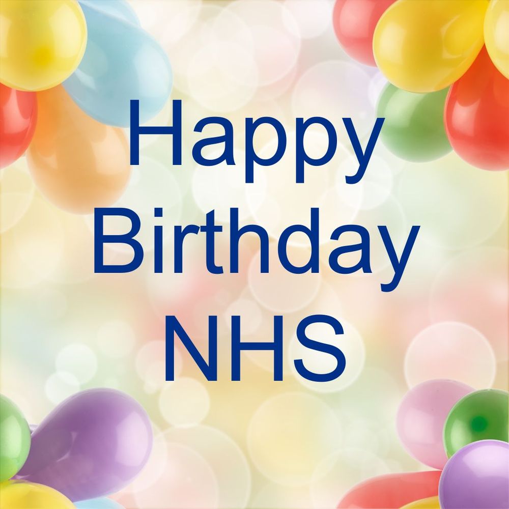 An image of balloons with text reading "happy birthday NHS"