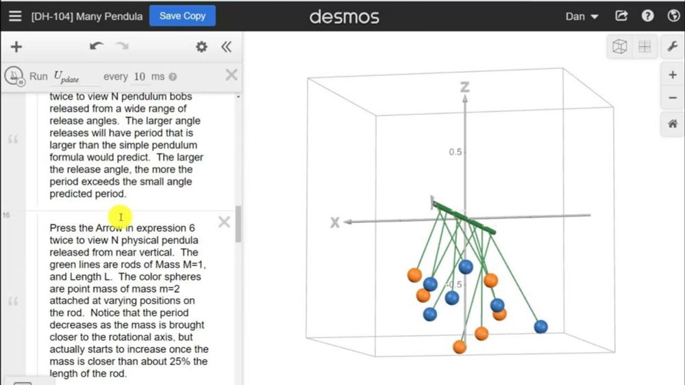 Desmos 3D simulation of many large angle Pendula