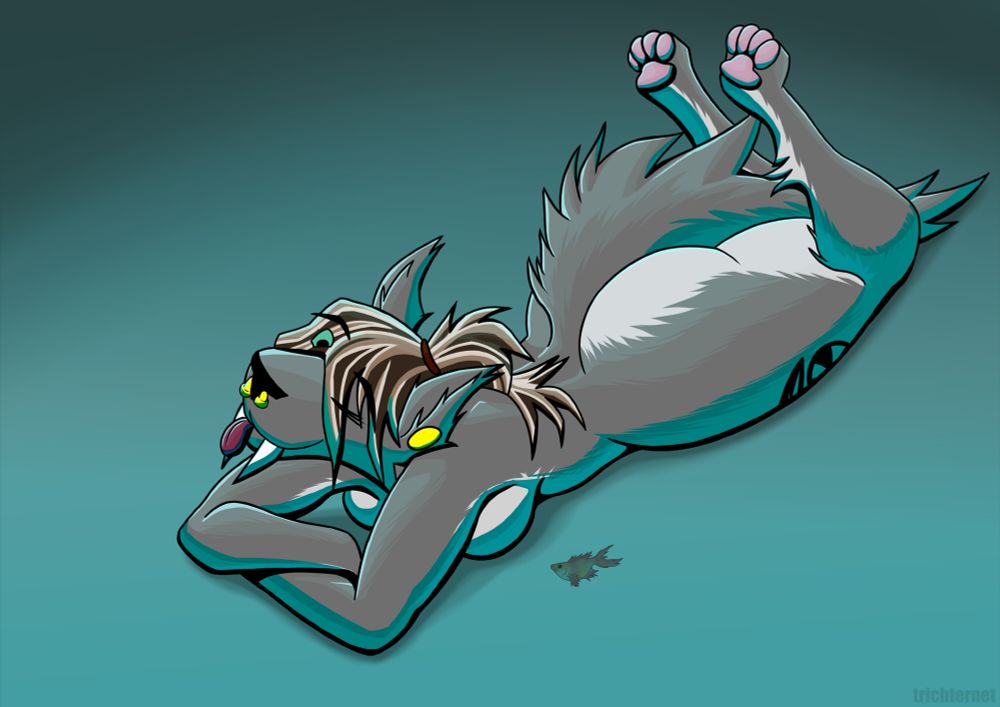 Rhea the sabertooth anthro girl laying on her stomach and sticking her tongue out at the viewer.