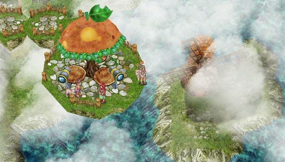 A screenshot of the mmorpg Ragnarok Online. Depicted are a bunch of small floating islands above cloud level over a lake. The floating islands form a path that ends at a larger floating island. The larger floating island contains a tree, two telescopes, a kid with a dog, a person in a green dress with a red headscarf and a character dressed in white with angel wings.
The lake contains an island with a large windmill.