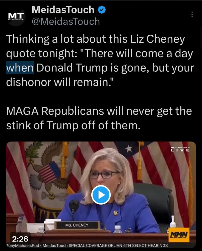 Image of Liz Chaney & her J6 quote about the stink of Trump will stay on the Republicans.