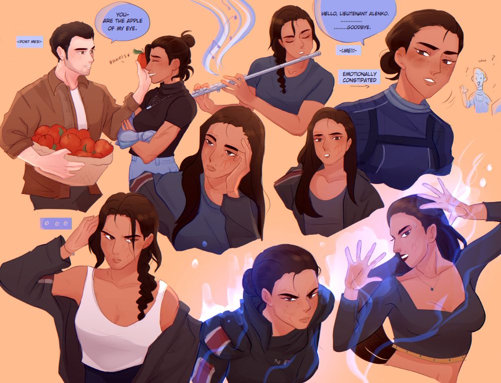 it's just a whole lot of random doodles of my custom femshep just standing there. some of them are casual wear and some are in her uniform, armor, and citadel dlc wear