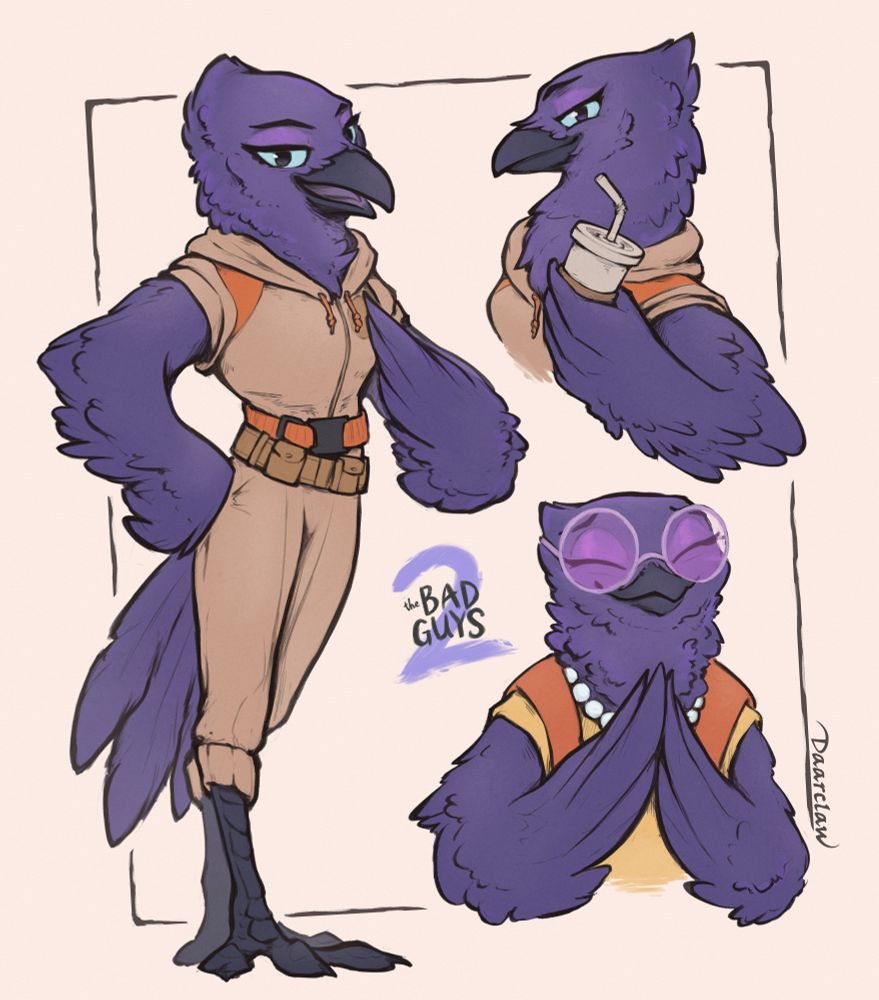 A digital painting featuring an anthropomorphic raven girl called Doom from the upcoming animated film "The Bad Guys 2" by DreamWorks