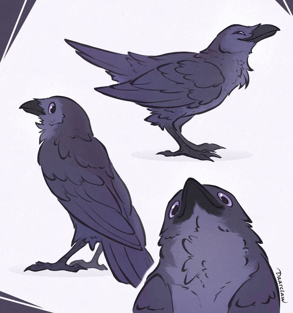 A digital painting featuring three cartoonish fluffy purple black ravens. The corvids have exaggerated facial expressions.