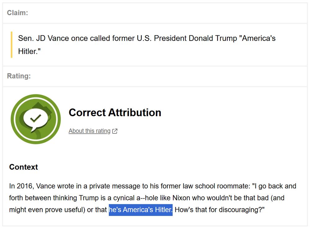 Screenshot from a post on snopes.com in which then-Senator James David Vance suggested that DJ Trump might be America's Hitler.