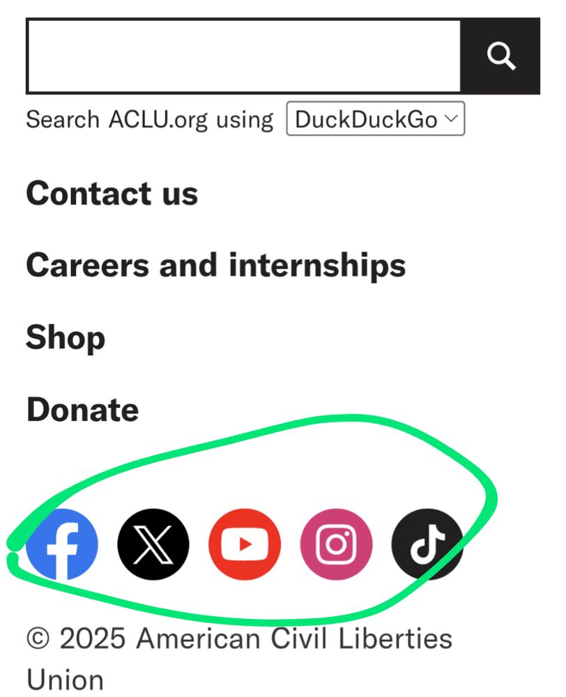 Screenshot from ACLU.org showing links to their accounts on other social media platforms, but notably missing a BlueSky link
