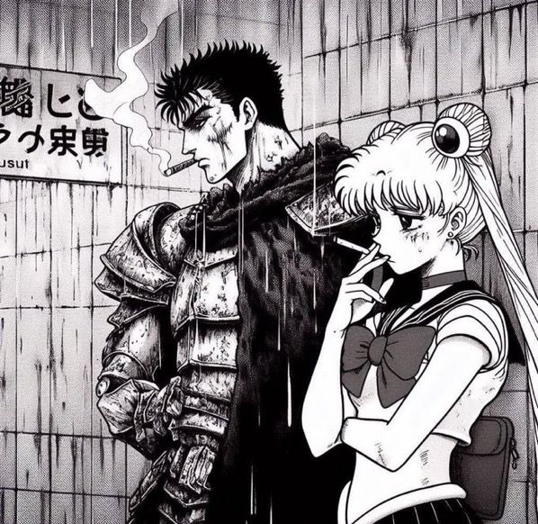 It’s a photo of Guts from Berserk and Sailor Moon sharing a cigarette break in a dingy Tokyo alley 