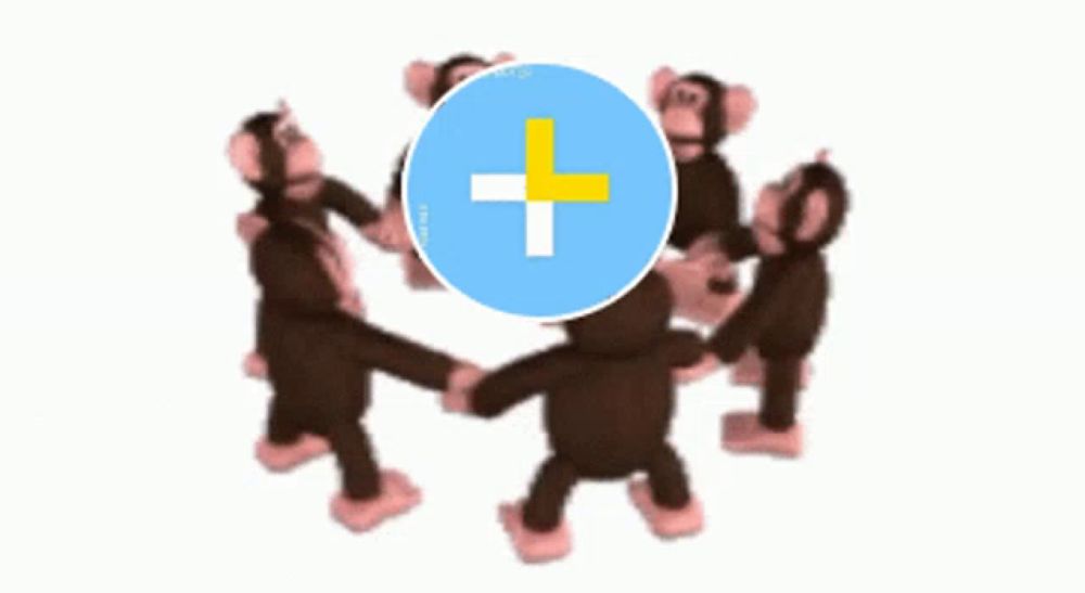 a group of stuffed monkeys are dancing in a circle with a blue circle with a yellow cross in it