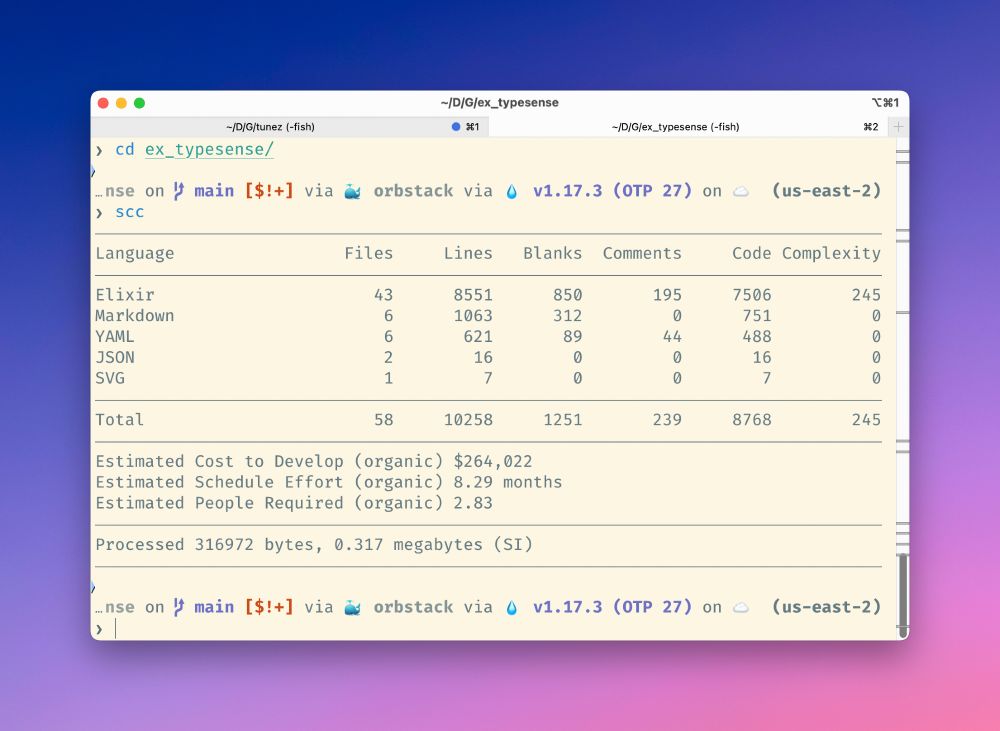 Sloc Cloc and Code (scc) estimator screenshot. Aside from LoC (per language) and code complexity: It shows estimated cost of this library (ExTypesense), how long it takes to finish it, and how many devs required
