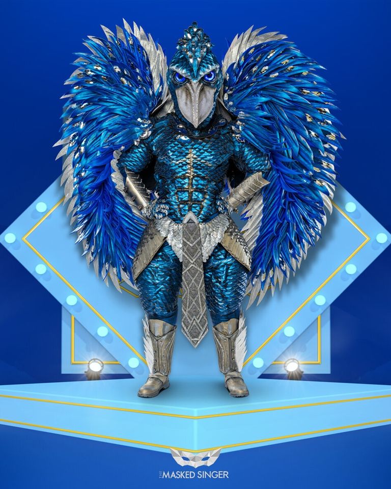 Blue background on a light blue stage. Shoebill character has bright metallic blue and silver feathers. Silver tipped for the most part and shaped like two ears attached to the back. Huge head witj same blue feathers on jersey, creepy blue eyes, and silver beak. Wearing a black and teal jersey body suit to look like something out of He-man. Battle garb is silver Egyptian low slung skirt, silver boots, and Wonder Woman wrist armor.
