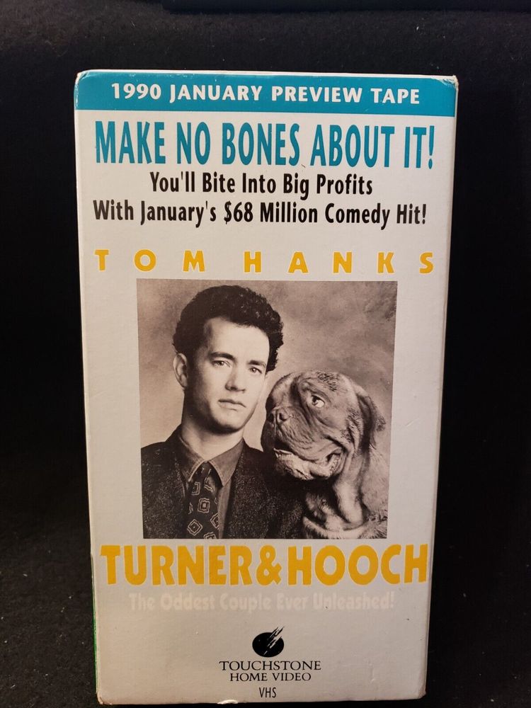 A VHS preview tape of TURNER AND HOOCH (1989) featuring the tagline “Make No Bones About It”.
