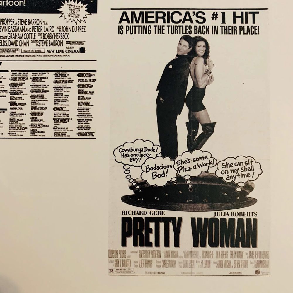 Ad for PRETTY WOMAN featuring Julia Roberts and Richard Gere, standing on top of a sewer manhole with the Teenage Mutant Ninja Turtles underneath.