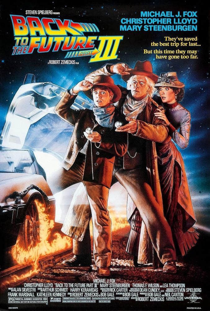 Theatrical poster art for BACK TO THE FUTURE PART III (1990) featuring Michael J. Fox, Christopher Lloyd & Mary Steenburgen 