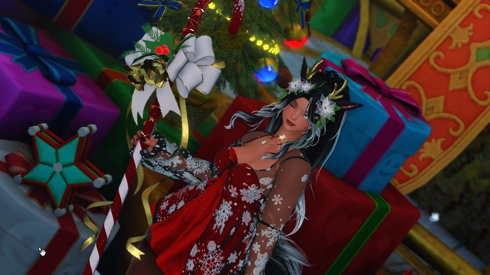 same miqo’te but posed with a candy cane and winking holy shit she is so damn cute i love her sm
