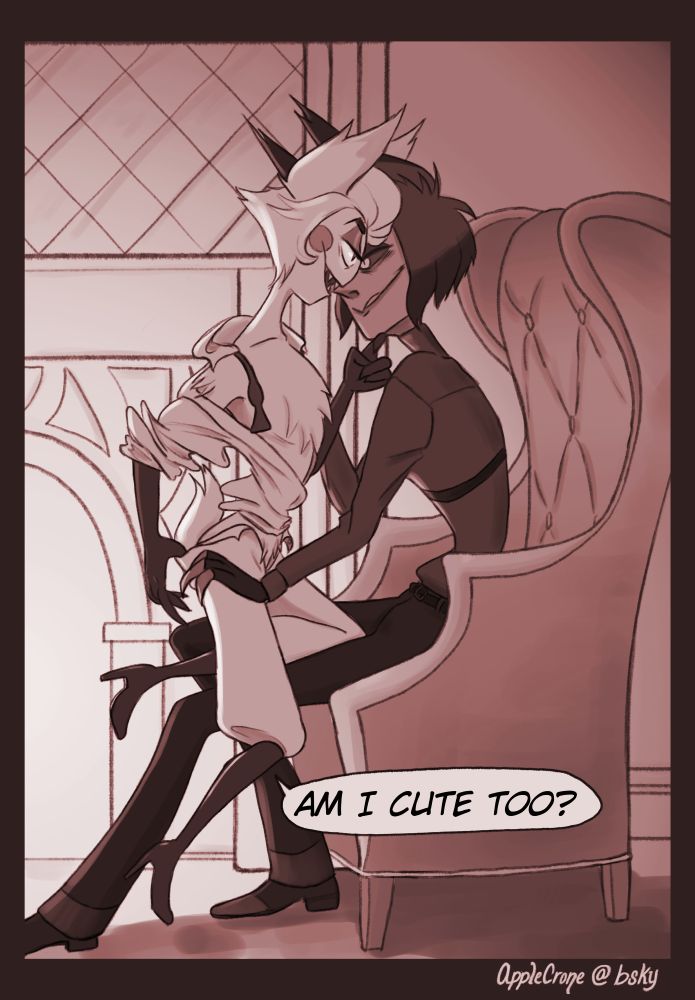 Partially undressed Lucifer climbs onto Alastor's lap, who is giving him a strained and intense look. Looking smug, Lucifer asks "Am I cute too?" 