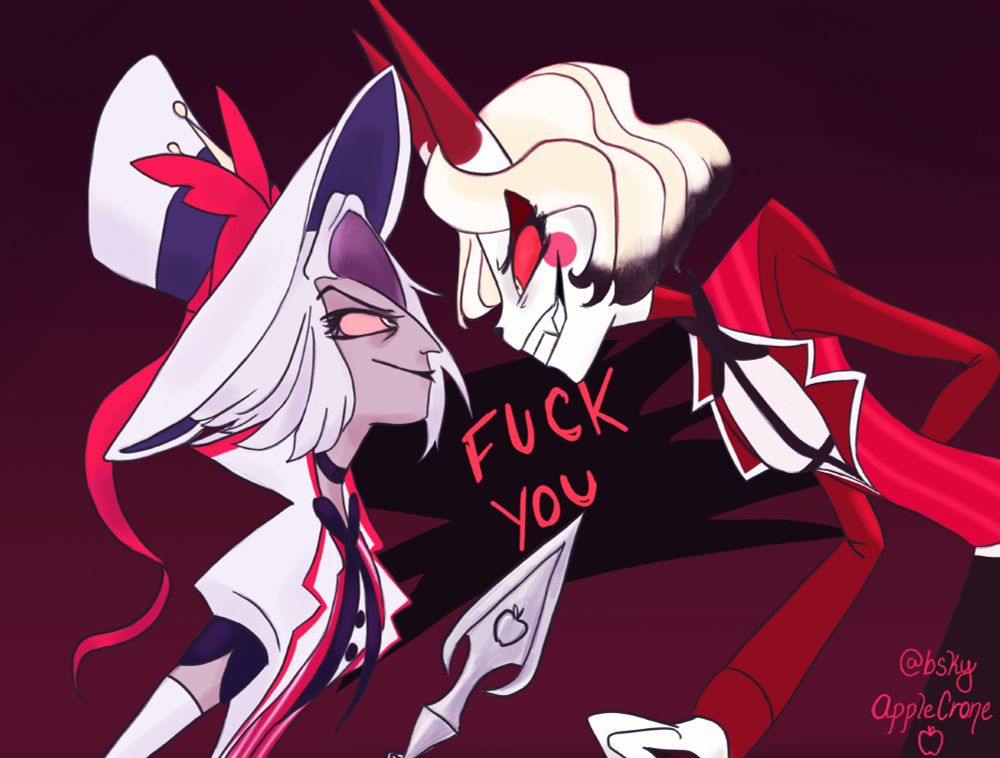 Charlie and Vaggie reenact Alastor and Lucifer's "Fuck You" scene. Charlie is the Radio Demon and Vaggie is the king of hell. 
