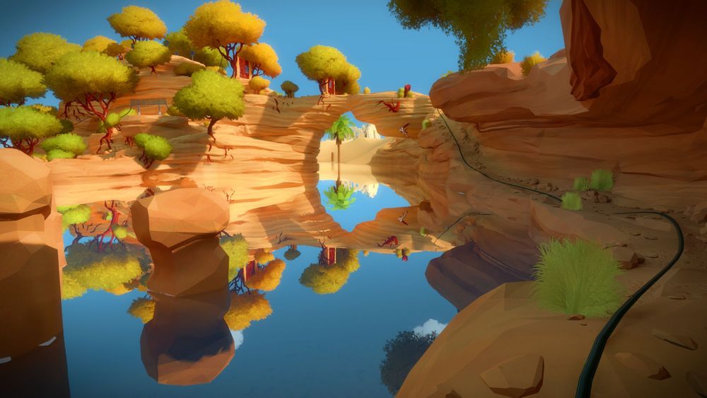 Paysage du jeu "The Witness" avec de belles reflexions dans l'eau