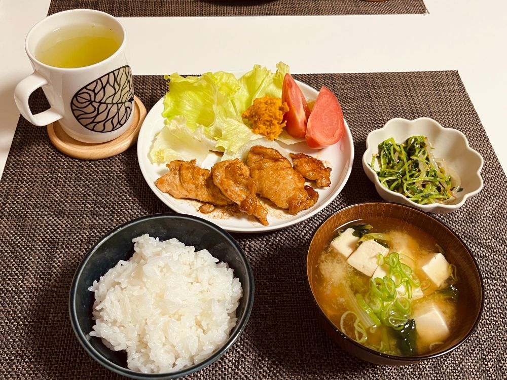 白ごはん/豆腐と小松菜の味噌汁/鶏むね肉のごま甘酢和えとサラダ/もやしと豆苗のナムル/煎茶