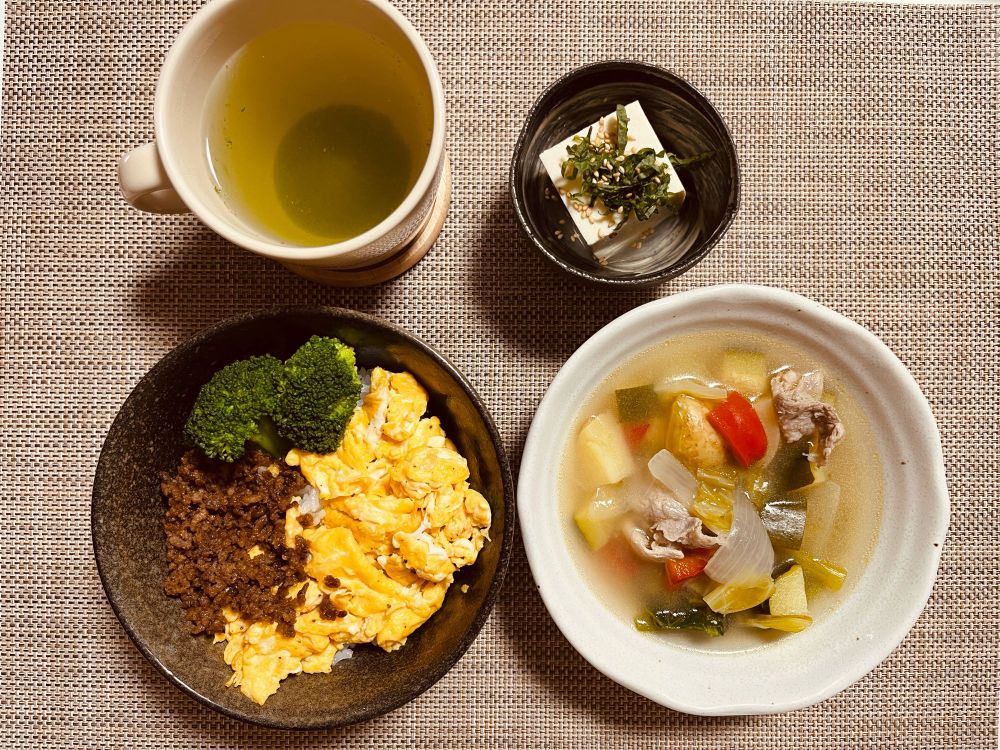 三色丼、野菜スープ、冷奴、煎茶