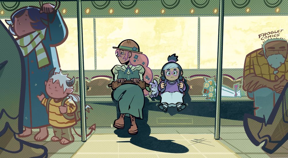 An illustration of Faithful from Beneath the Grove riding the tram.