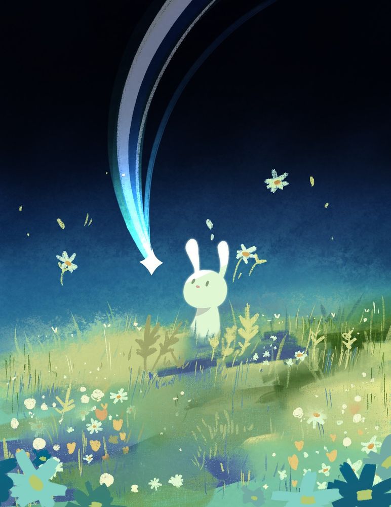 An image of a falling star saying hello to a little white rabbit