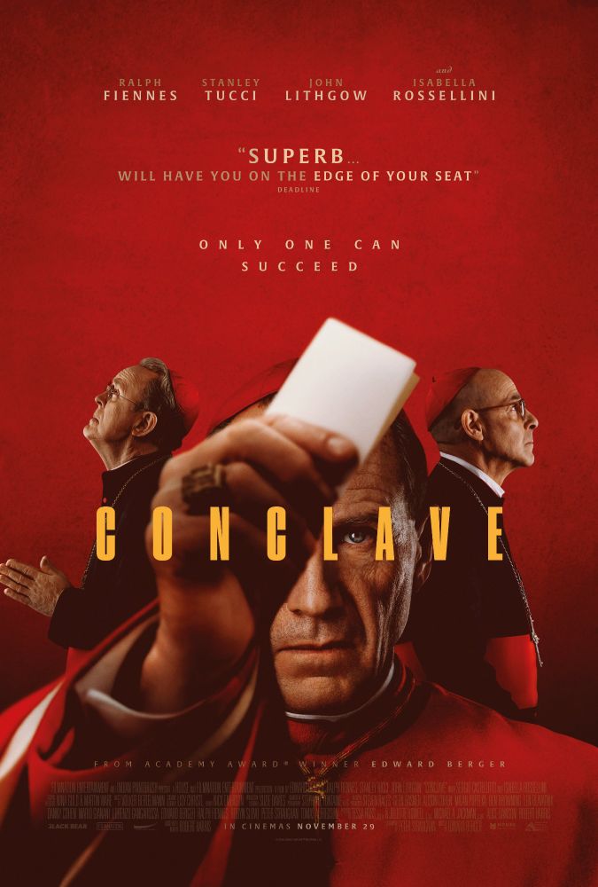 Movie poster for the film 'Conclave' about voting in a new pope. Red background with three priest characters, two looking left and right the background dressed in black robes and one in the foreground dressed in red robes holding a ballot paper