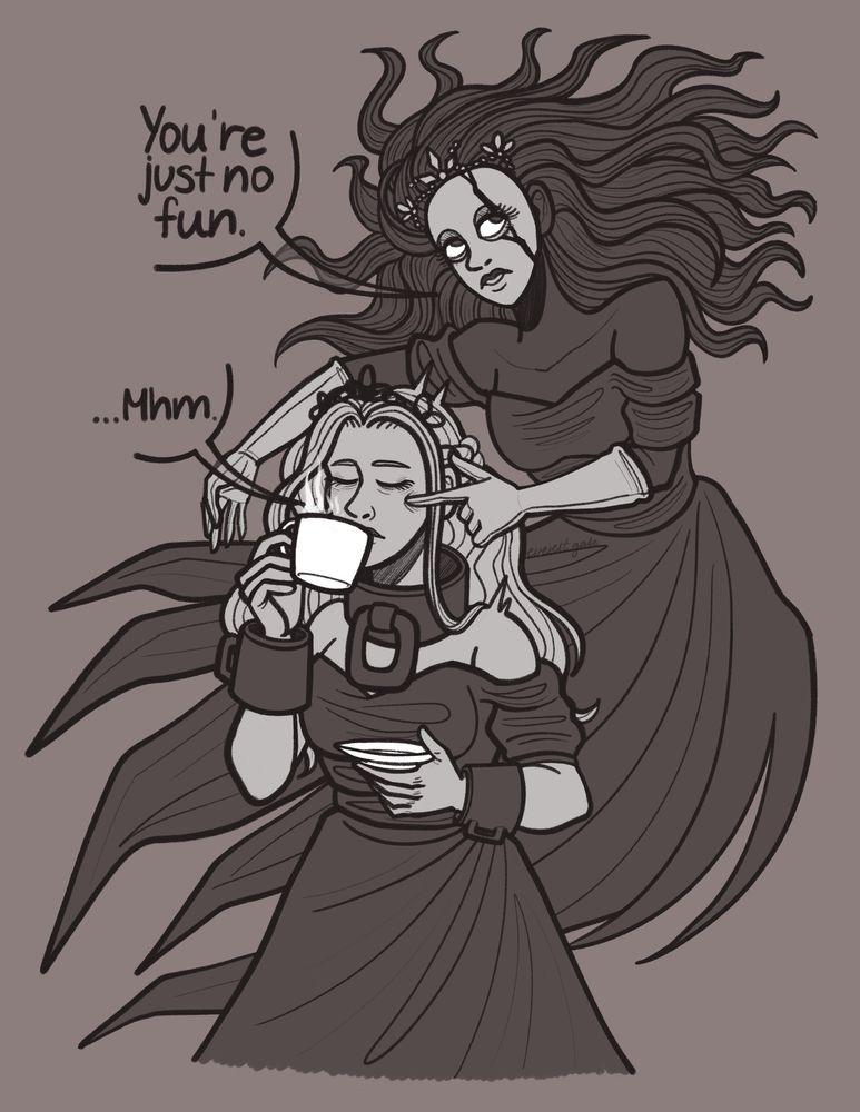 An illustration of the Prisoner and the Nightmare from Slay the Princess. The Nightmare looms over the Prisoner, poking her with an expression of annoyance, while the Prisoner remains mostly unfazed, showing only a slight indication of being startled. The Prisoner is calmly drinking a steaming cup of coffee, undisturbed by the Nightmare's actions.