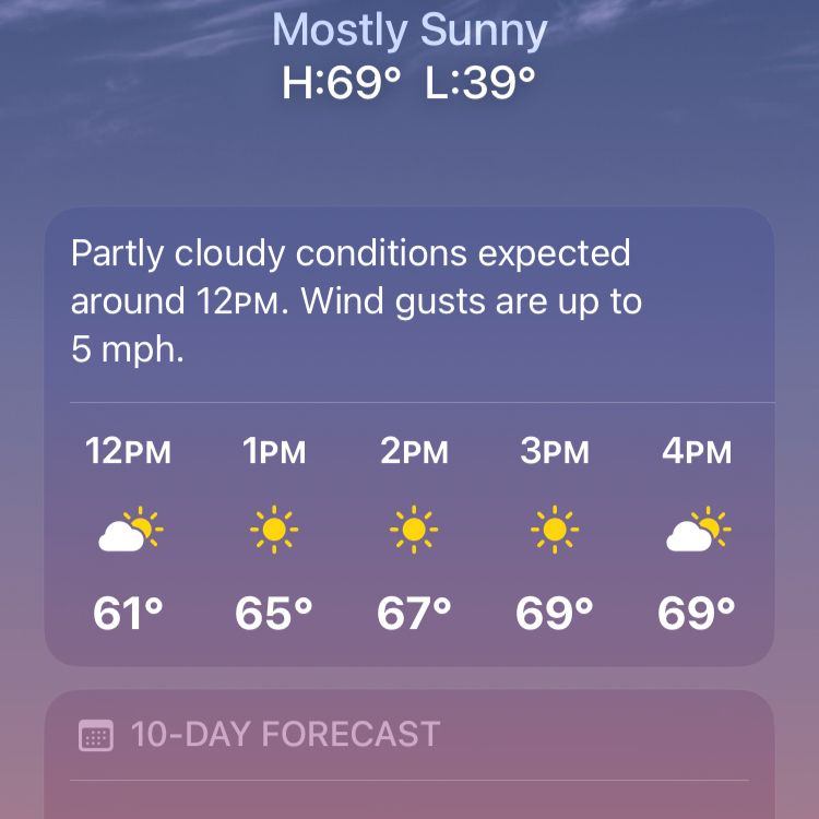 Screenshot of Charleston WV forecast reads:
“Mostly Sunny
H:69° L:39°

“Partly cloudy conditions expected around 12pM. Wind gusts are up to 5 mph.

“12PM 61° With partly sunny icon
1PM 65° With sunny icon
2PM 67° With sunny icon
3PM 69° With sunny icon
4PM 69° With partly sunny icon
10-DAY FORECAST”