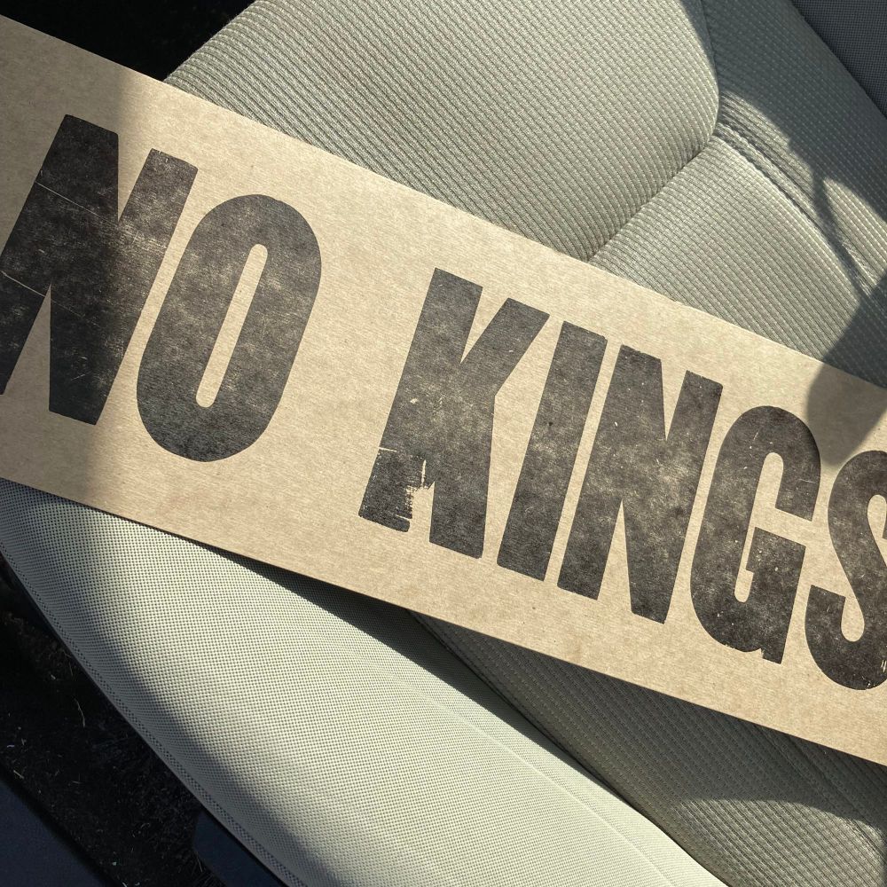 Printed cardboard sign on car seat reads “No kings.”