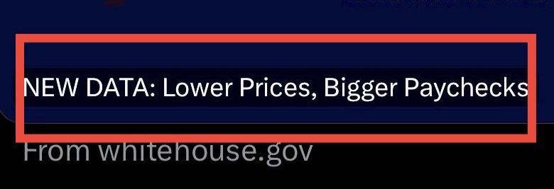 Closeup of repost image features promo text from whitehouse.gov that reads, “NEW DATA: Lower Prices, Bigger Paychecks”