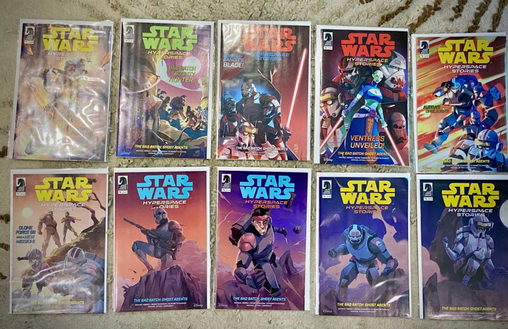 The entire set of Bad Batch Hyperspace stories: Ghost Agents comic, including the variant covers lined up in order