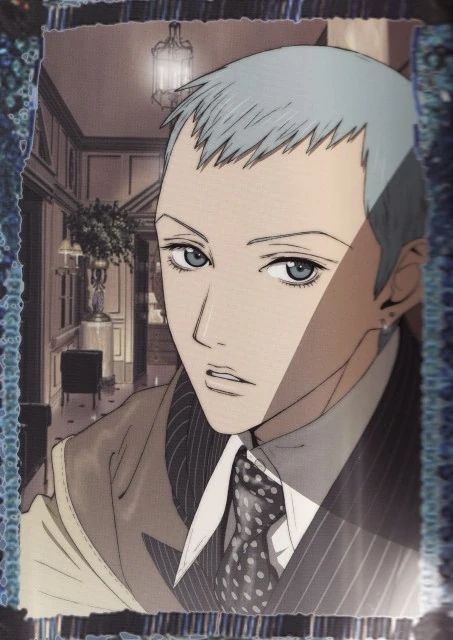 George do Paradise Kiss (personagem de anime, rapaz magro de olhos claros e rosto beeeem pontudinho) usando um terno que também tem listras
