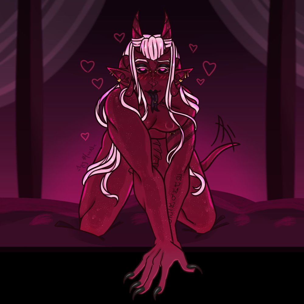 Illustration of a red tiefling named Gothir giving the viewer bedroom eyes. They are kneeling on top of a bed in a dark room, with a hand placed outside of the image to make it appear as if they are crawling off of the illustration toward the viewer. They have red skin with black tattoos, and very long white hair that is draping down over their shoulders and legs in strands. Their tail appears to be wagging with excitement, and there is a glimpse of a hardened, ridged cock between their legs. Pink hearts float around the tiefling's head.