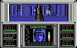 A screenshot from Aliens: The Computer Game for the Commodore 64, showing Gorman being confronted by a xenomorph.