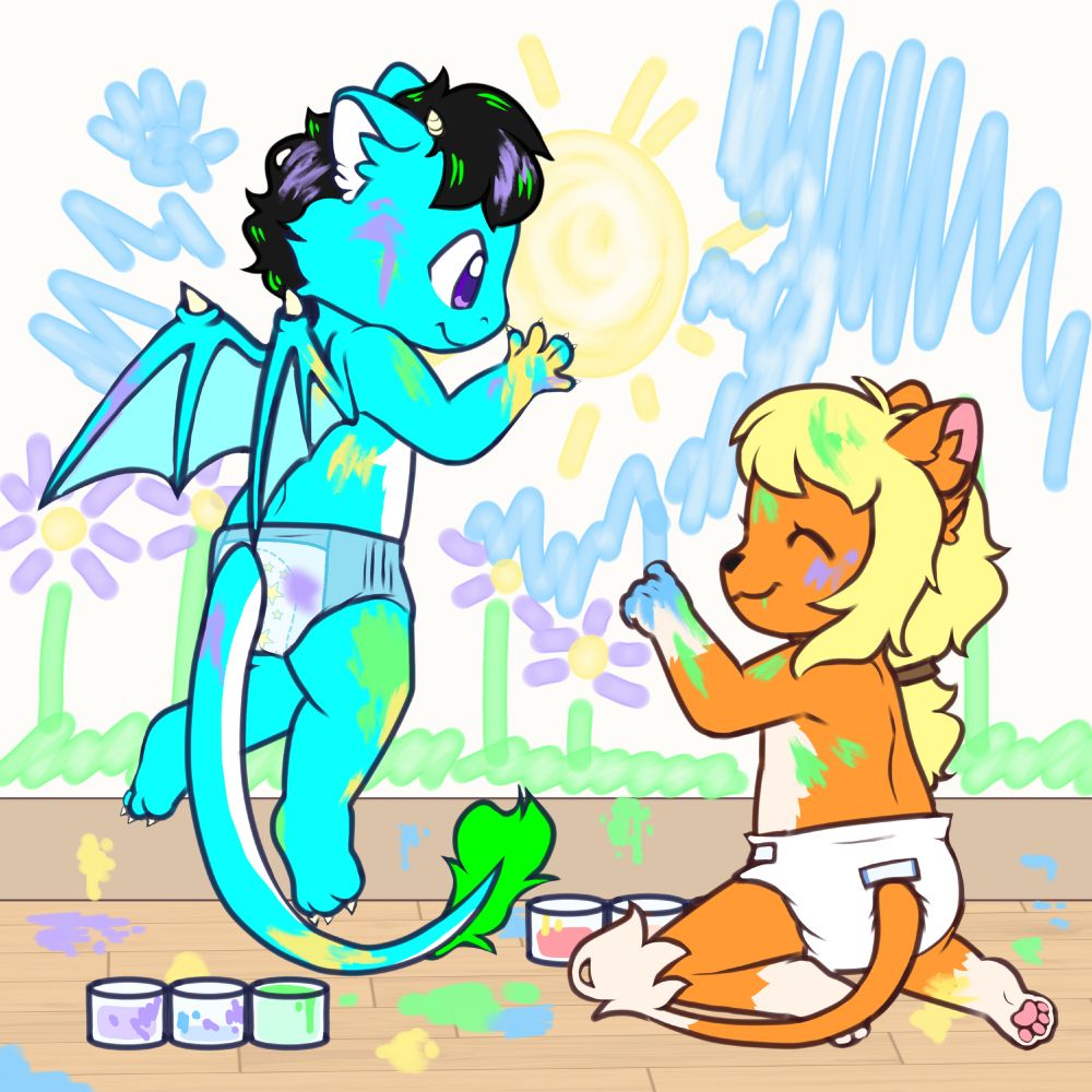 Cain the dragon and Marcy the liox, both as toddlers, finger-painting a sunny landscape onto a wall