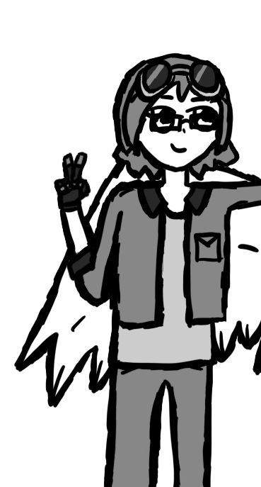Cam. The mech pilot.

Personality: Positive. Sometimes appears jaded but still has hope deep down.

Appearance: Cropped denim jacket, t-shirt, pants, rectangle glasses, circular welding goggles (on forehead)