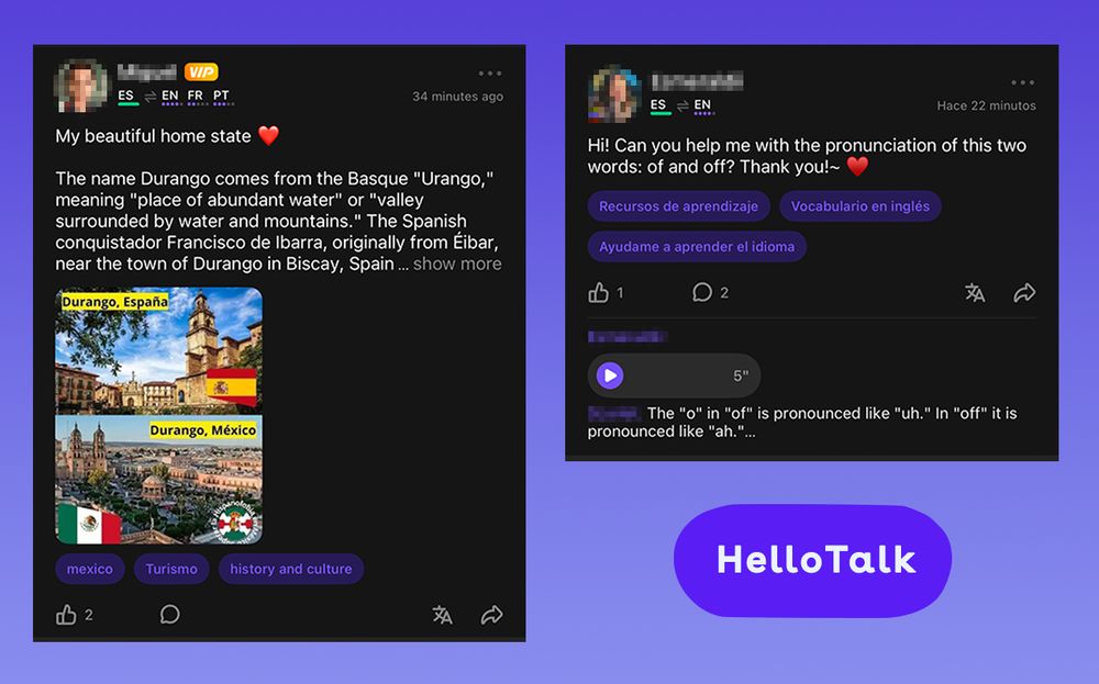 Two HelloTalk app screenshots on a purple background. Left screen shows a post about Durango, comparing images of Durango, Spain and Durango, Mexico, with detailed historical information about the city's name origin. Right screen displays a language learning interaction where a user asks for help pronouncing the words "of" and "off", with a response explaining the pronunciation. The HelloTalk name is prominently displayed. Both screens feature dark mode interface with multilingual flags and language exchange tags.