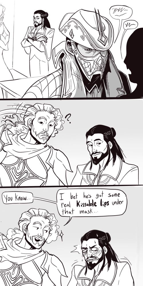 Dragon age the Veilguard character Tarquin stares at The Viper in the foreground. Rook leans in for next panel. Says “You know…I bet he’s got some real Kissable Lips under that mask” and Tarquin looks flustered and angry.