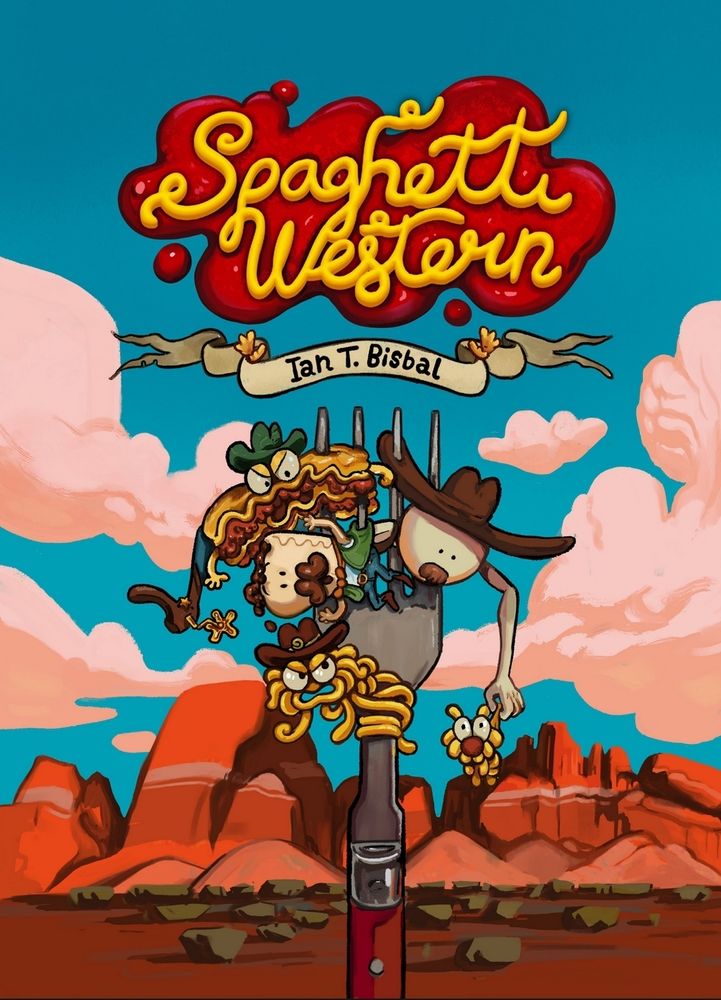 Comic cover text in spaghetti font and sauce undeneath: spaghetti western. By ian t Bisbal .

Western scenery with high clouds. 5 characters are shown pierced on a fork. Spaghetti characters, a cannelonni and a lasagna 