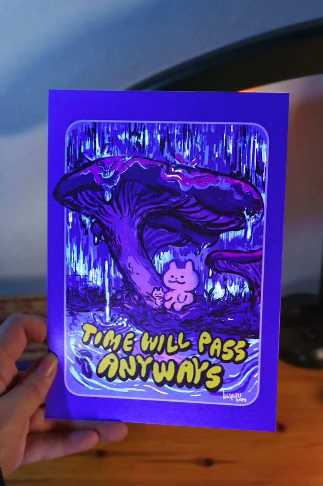 Illustration of two cats holding hands under a mushroom