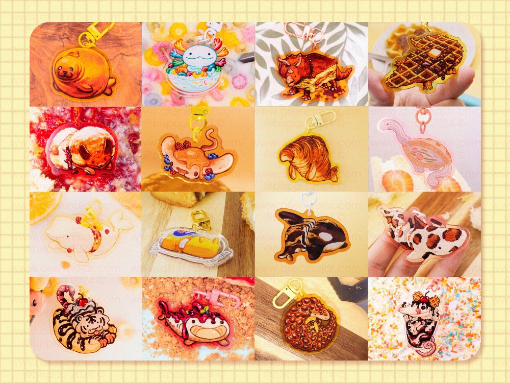 array of lots of keycharms in the theme of animals+food