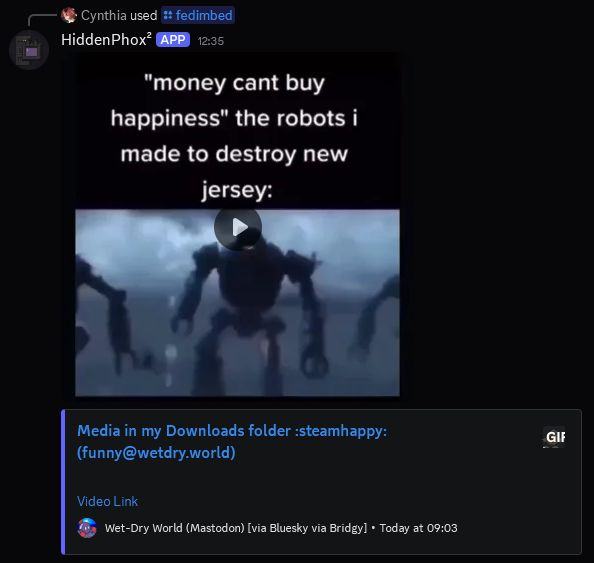 Screenshot of a Discord message, HiddenPhox's fedimbed functionality resolving the author of a Bluesky post from a Bridgy user to the actual instance, with the note of "[via Bluesky via Bridgy]"