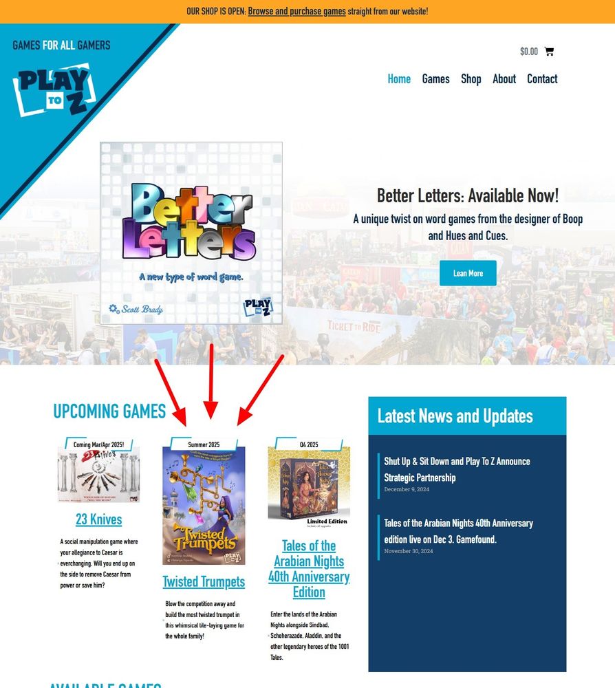 The Play to Z homepage with Twisted Trumpets in the "Upcoming Games" section.