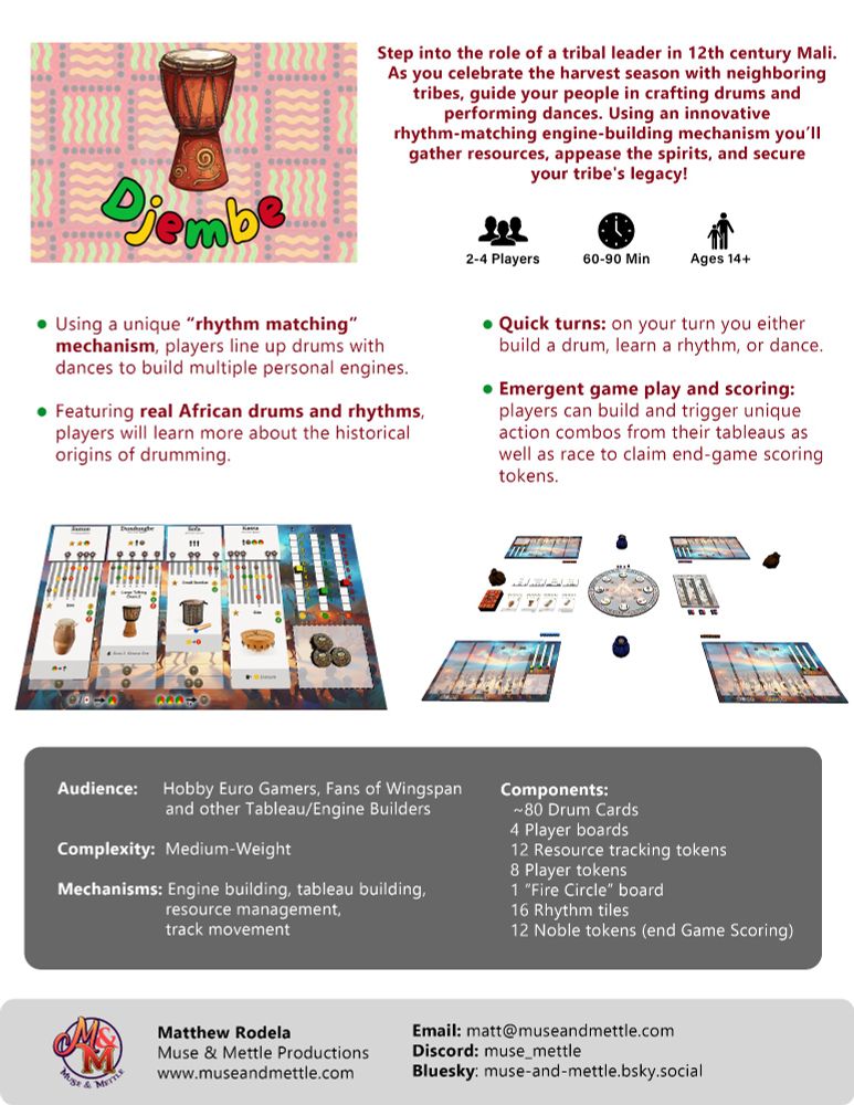 Djembe, a unique rhythm-matching tableau building game where you take on the role of a tribal leader in 12th century Mali, directing your tribe to build drums, dance, and please the spirits during the annual harvest festival.